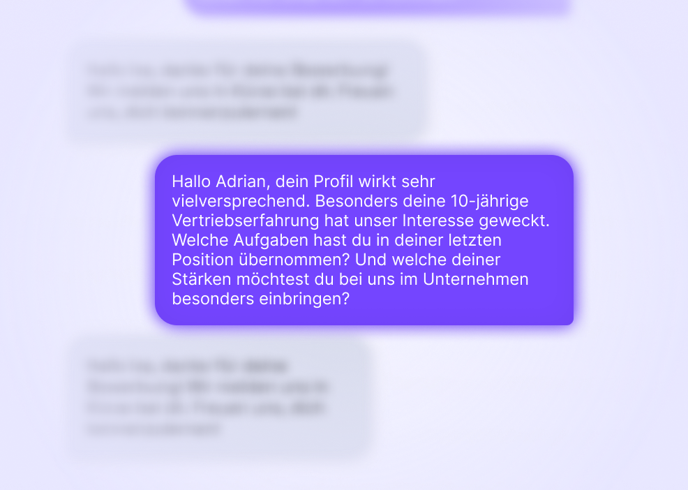 Chat message in German with bright purple background stating interest in a sales position and eagerness for an interview.