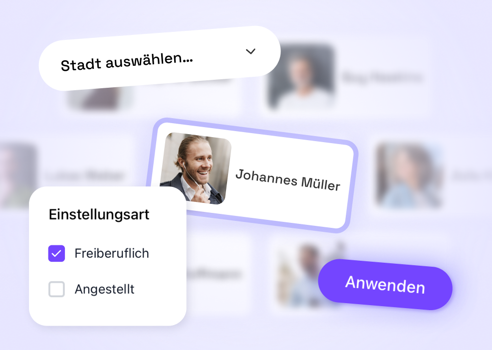User interface showing a filter menu with options for freelance and employed; the freelance option is checked. A profile card of Johannes Müller with a smiling man in earbuds is highlighted, and a purple 'Apply' button is visible.