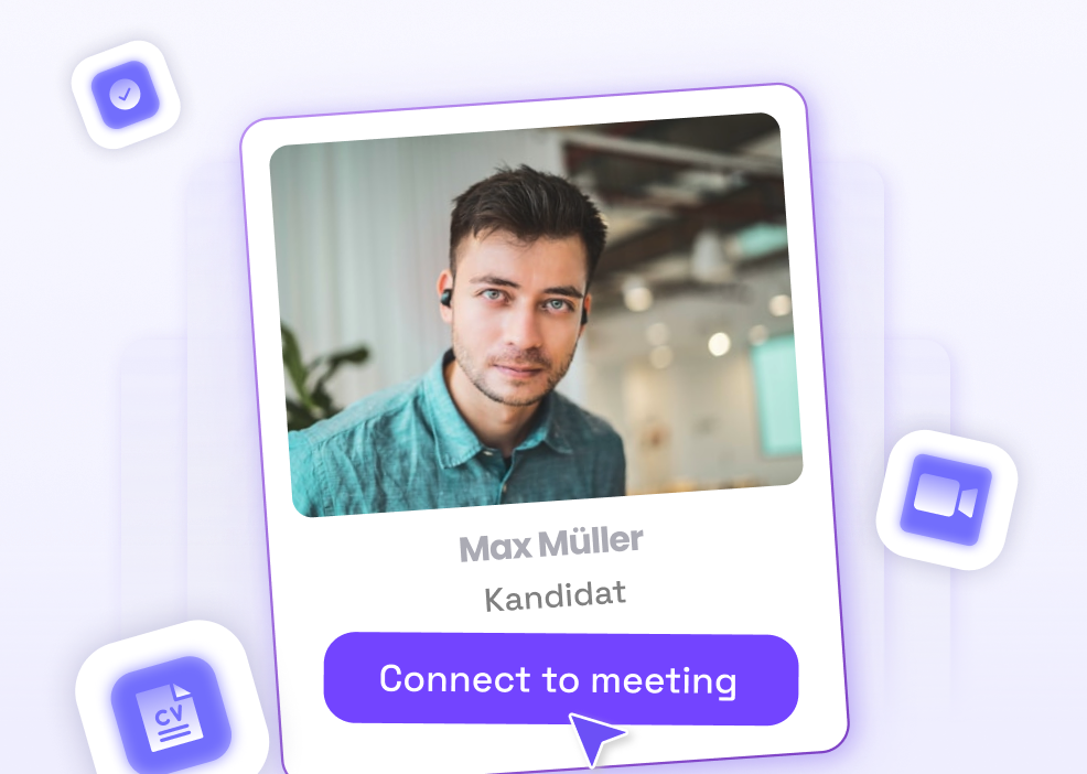 Profile card of Max Müller, Kandidat, with a portrait photo and a purple button labeled Connect to meeting.
