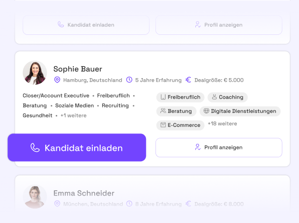 Profile card of Sophie Bauer from Hamburg, Germany, showing 5 years experience, €5,000 deal size, skills including coaching, consulting, social media, and digital services, with options to invite candidate or view profile.