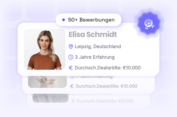 Profile card of Elisa Schmidt from Leipzig, Germany, showing 3 years of experience and average deal size of €10,000, with her photo and a blue star badge.