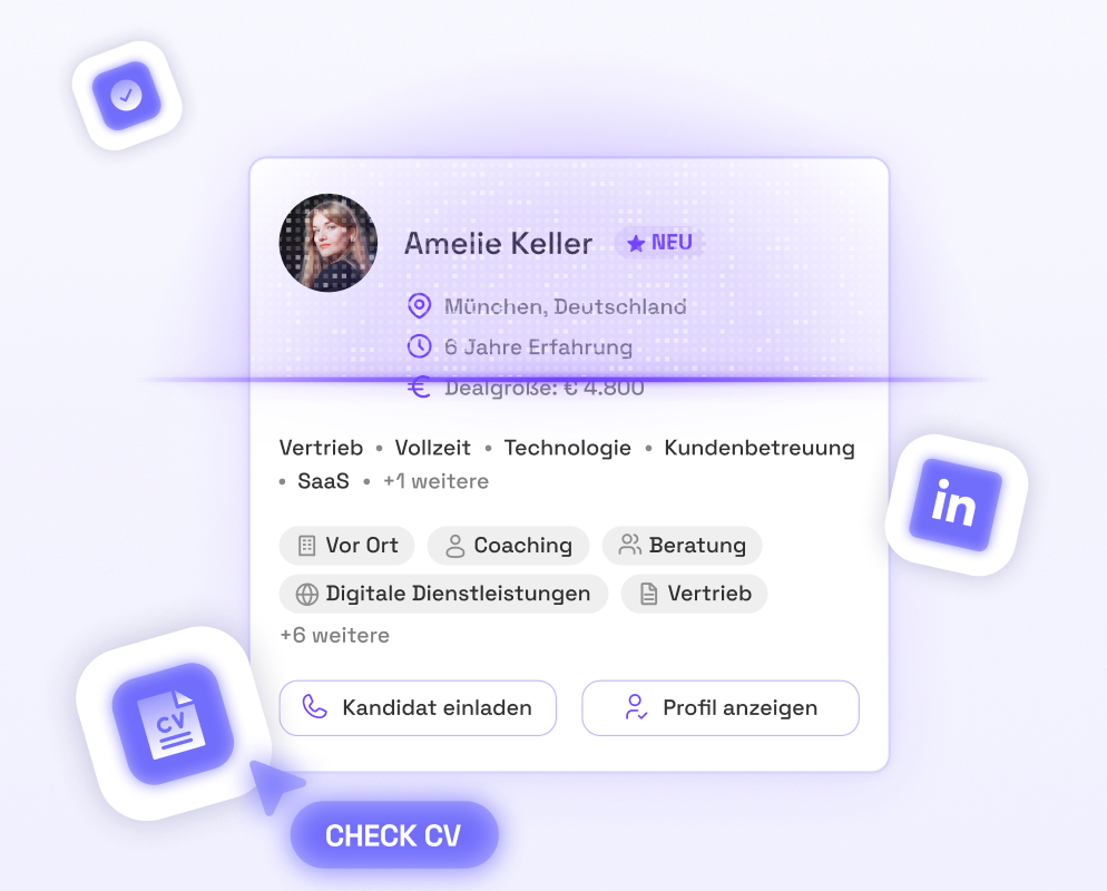 Profile card of Anna Schneider from Munich, Germany with 6 years experience, skills in sales, technology, customer support, and SaaS, and buttons to invite candidate or view profile.