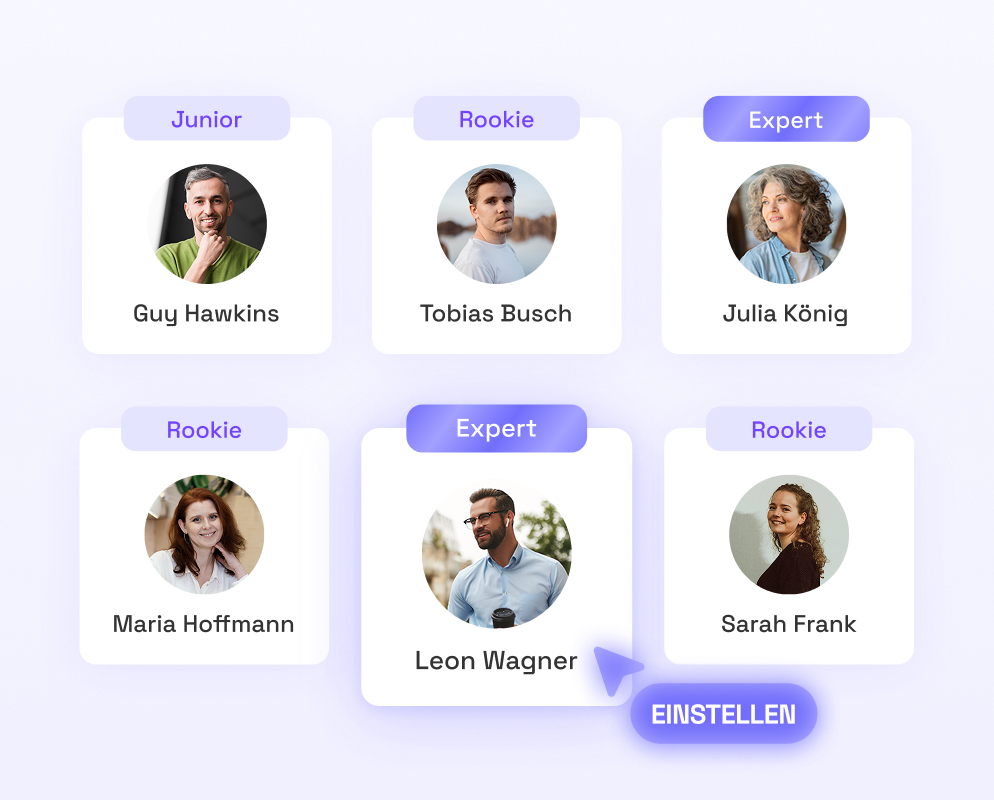 Profile cards of six candidates labeled Junior, Rookie, and Expert, with photos and names, on a purple background with an 'Anstellen' button and cursor icon.