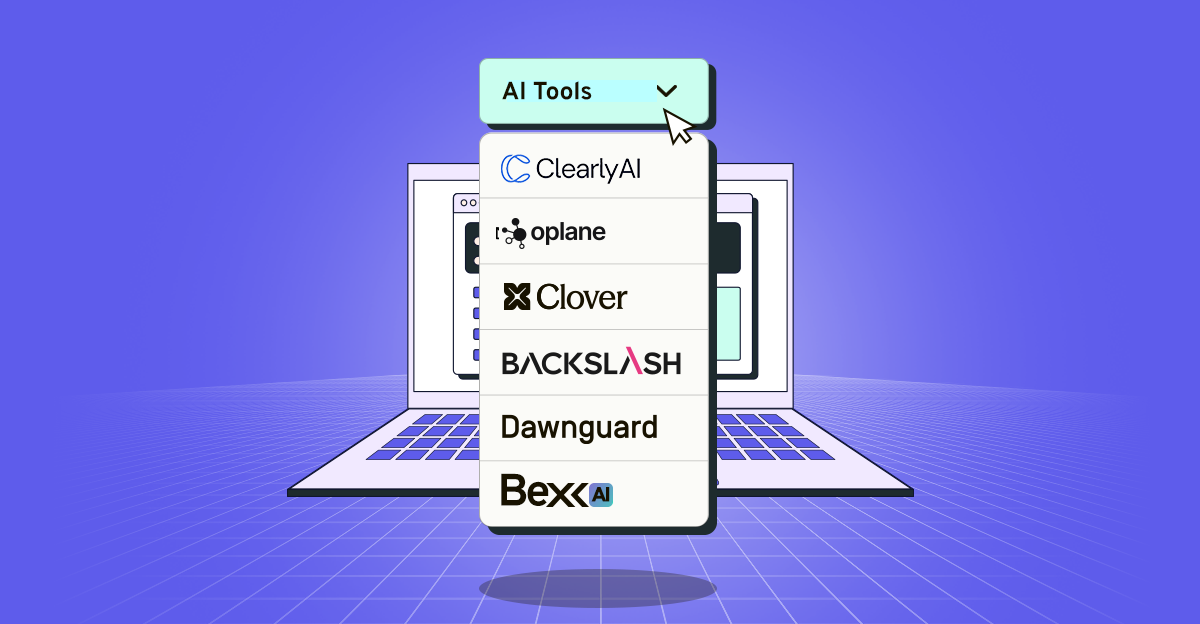 Illustration of a laptop displaying a floating menu titled 'AI Tools' on a blue grid background. Listed tools include ClearlyAI, Oplane, Clover, Backslash, Dawnguard, and BexAI.