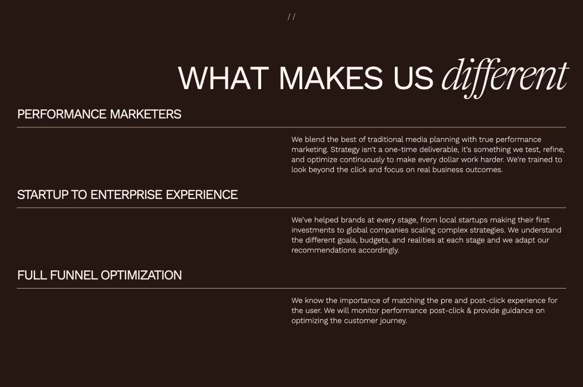 Desktop webpage screenshot of what makes Mira Media different