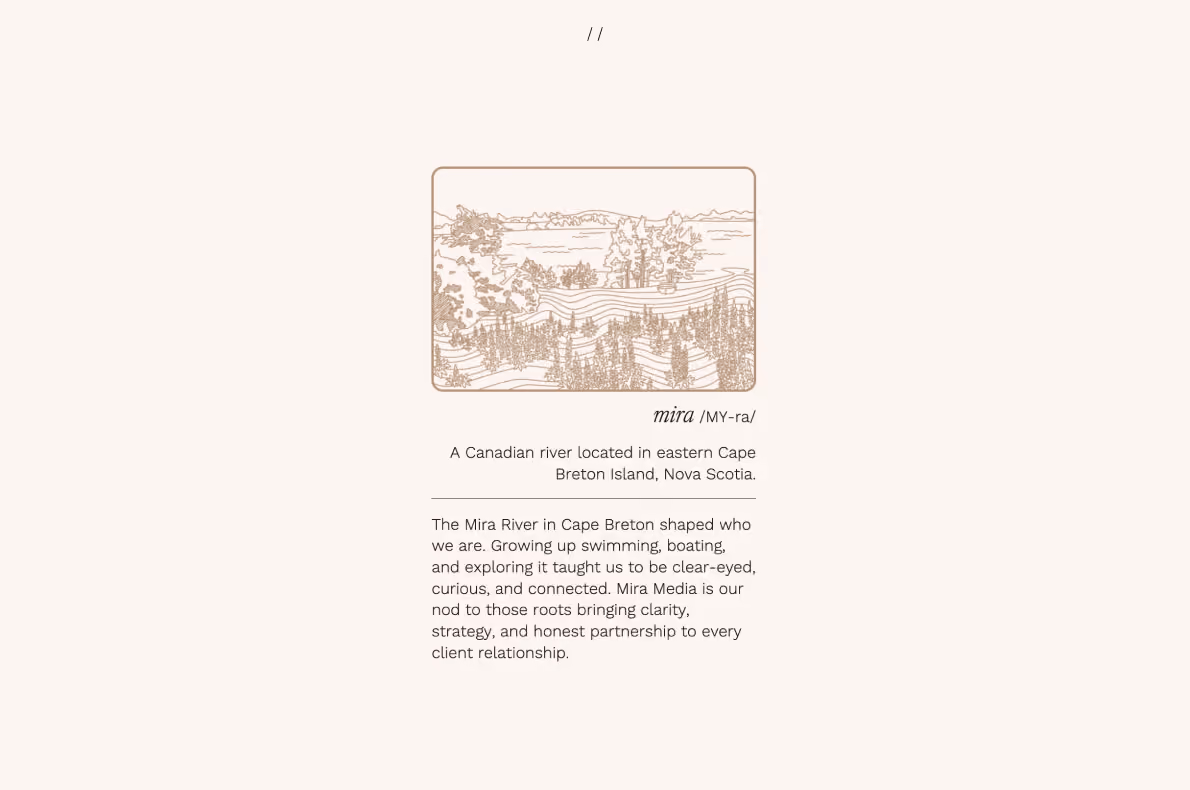 Desktop webpage screenshot introducing Mira (pronounced my-ra) and its namesake, the Mira River