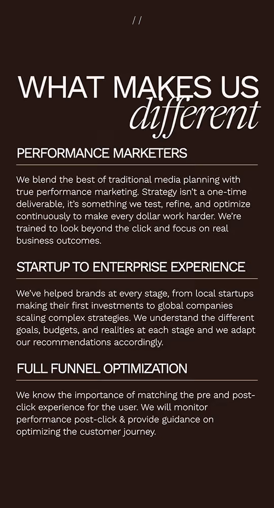 Mobile webpage screenshot of what makes Mira Media different