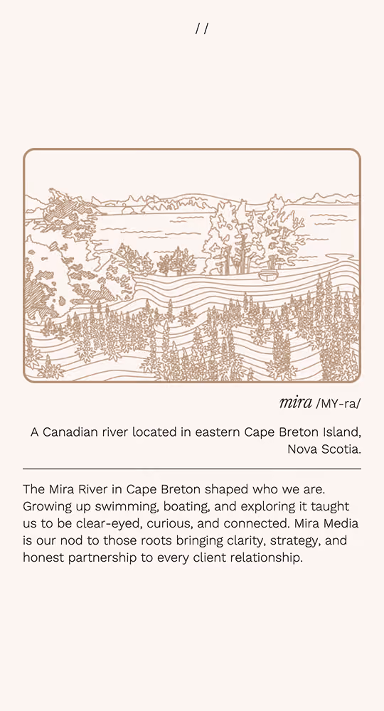 Mobile webpage screenshot introducing Mira (pronounced my-ra) and its namesake, the Mira River