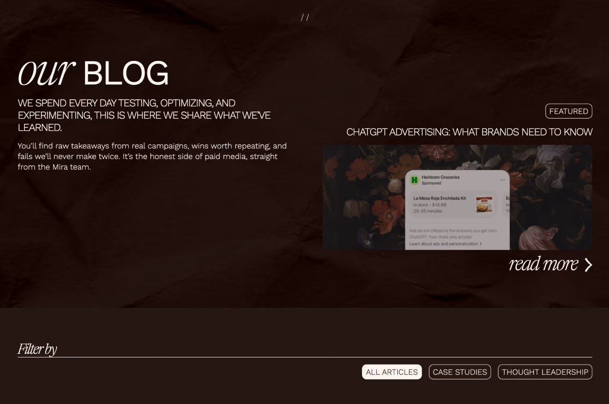 Desktop webpage screenshot of Mira Media's blog