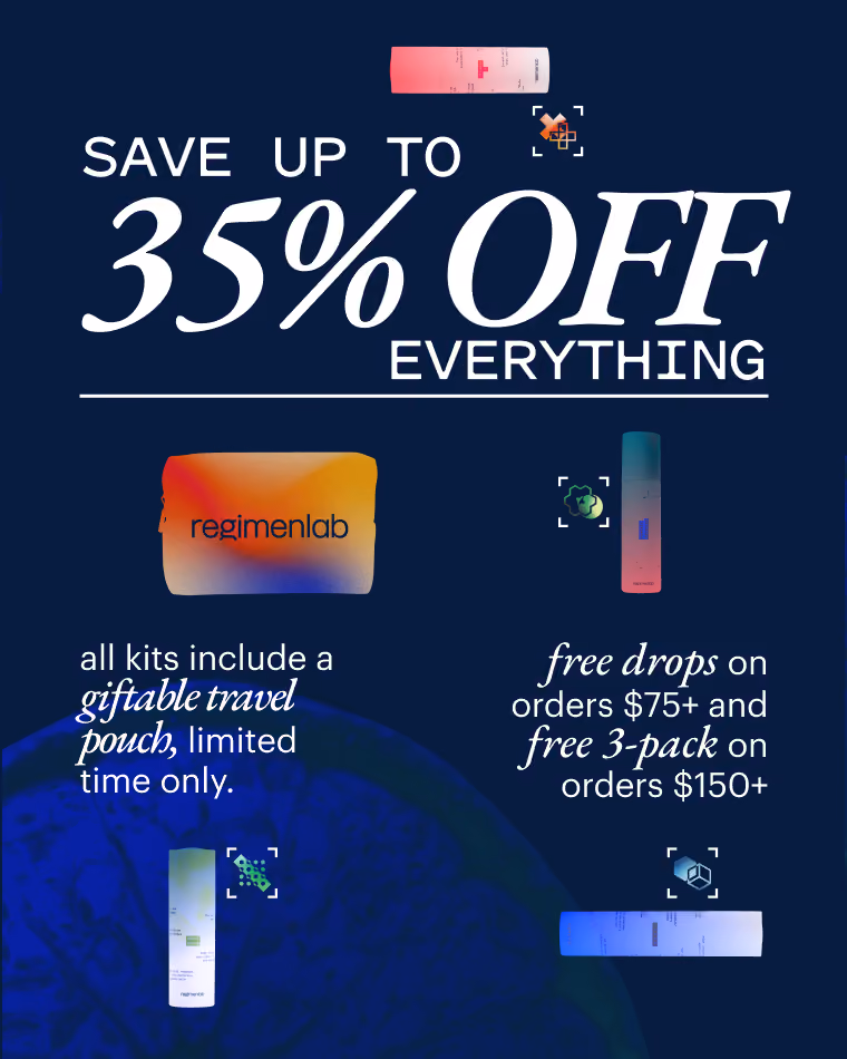 Ad Text: Save up to 35% off everything
Ad Description: Science magazine styling with a large header reading 35% off, along with a collage of futuristic-styled Regimen Lab products
