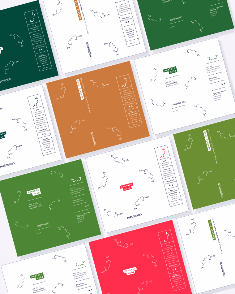 Earlier iterations of Azelaic Advanced's packaging, some green, some brown, and some pink designs