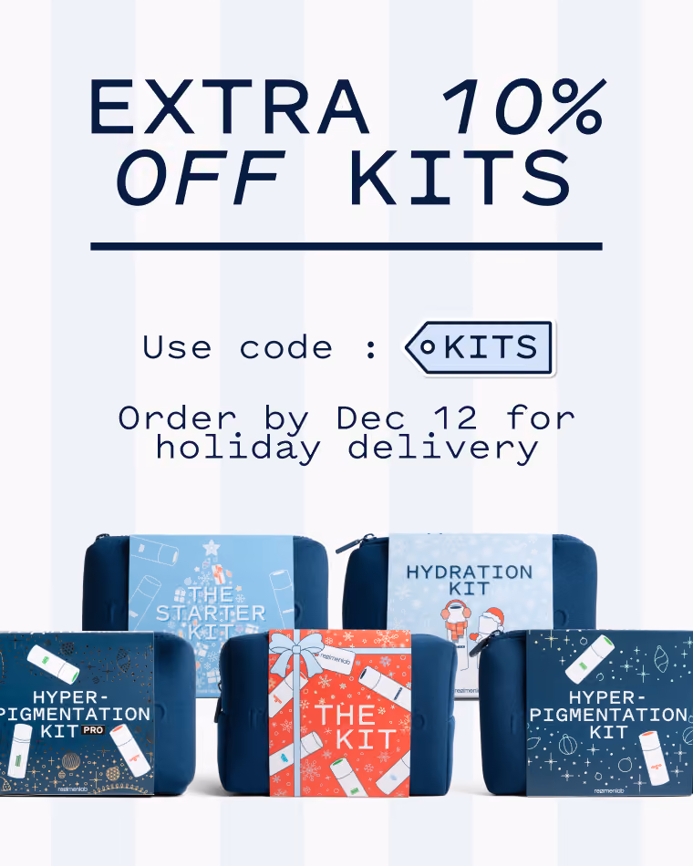 A promotional banner featuring Regimen Lab's 5 holiday kit designs