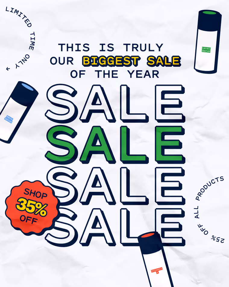 Ad Text: This it truly the biggest sale of the year.
Ad Description: SALE repeated 4 times and stacked on top of each other, along with a "Shop 35% off" badge, product sticker designs, and limited time only text