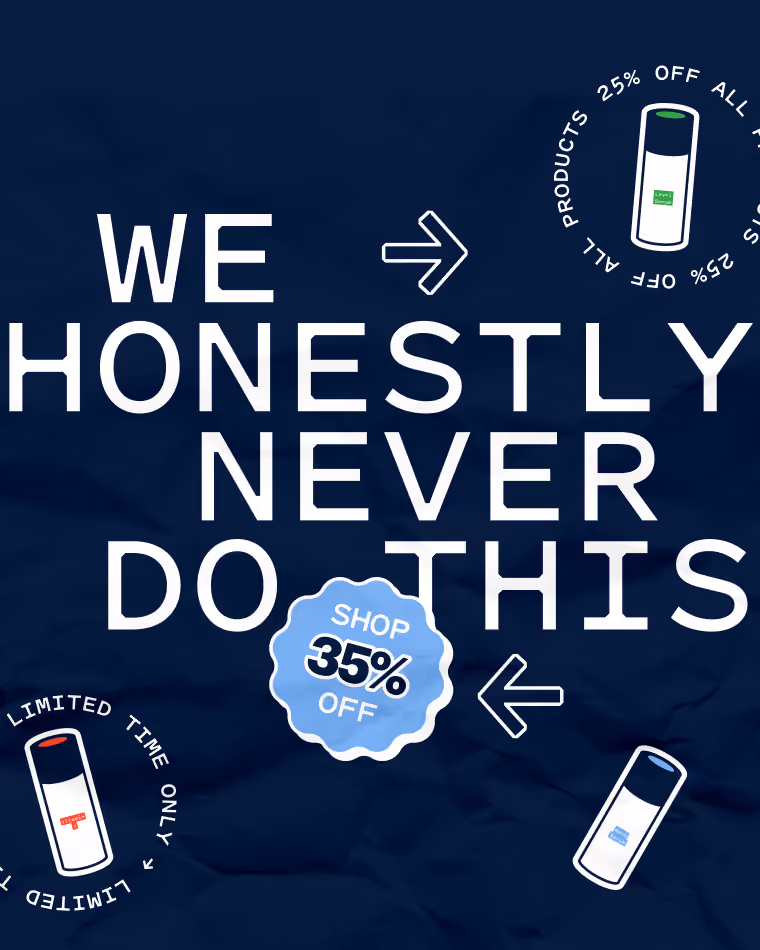 Ad Text: We honestly never do this
Ad Description: Large text with arrows pointing at stylised sticker designs of Regimen Lab's products, with one badge reading "Shop 35% off"