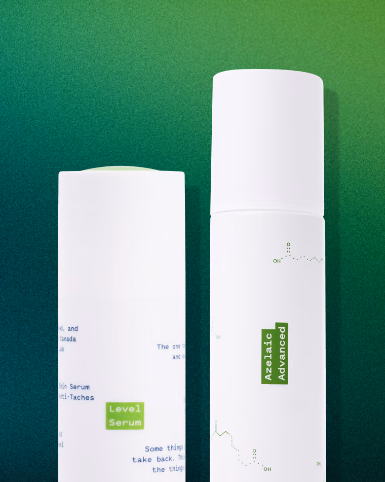 Regimen Lab's Level Serum and Azelaic Advanced bottles on a dark green gradient background