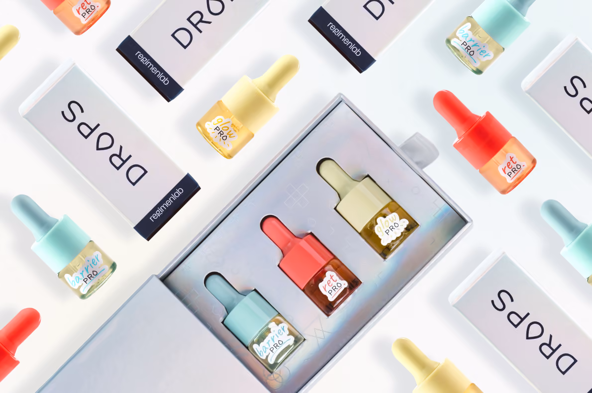 A flat lay of Regimen Lab's drops, in all their colourful wonder