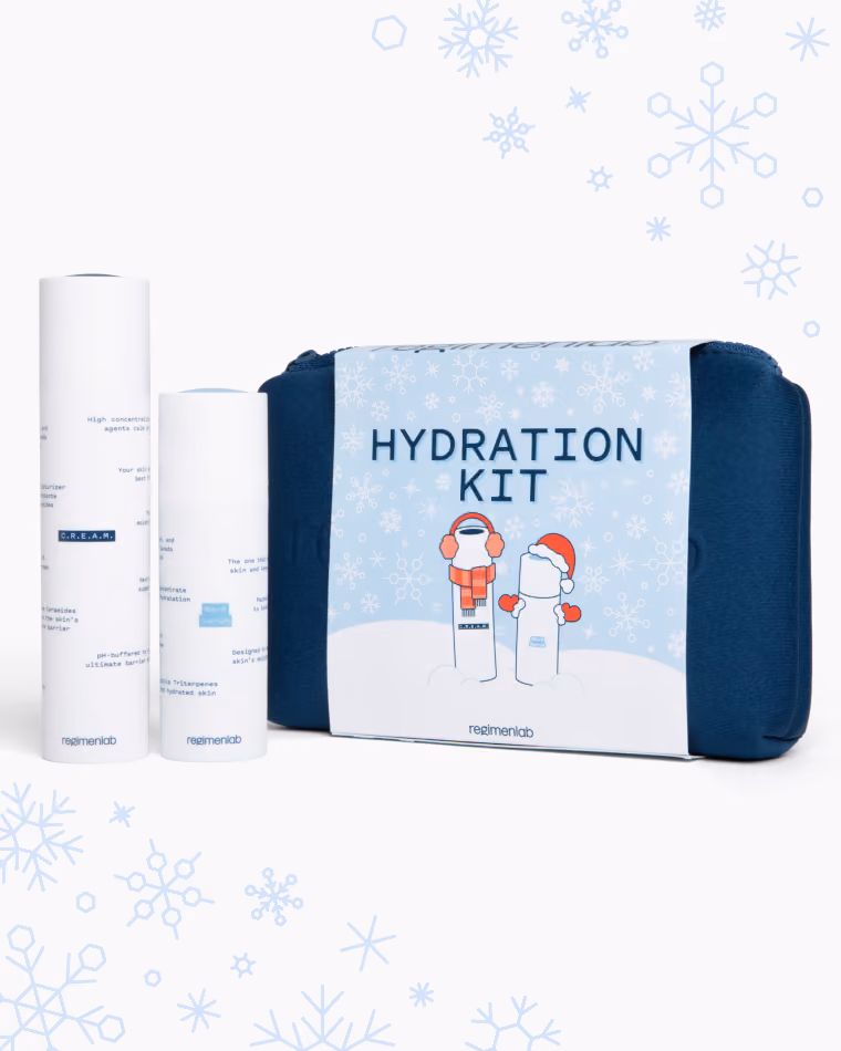 Hydration Kit holiday-themed wraparound design featuring Regimen Lab's hydration products dressed in winter attire
