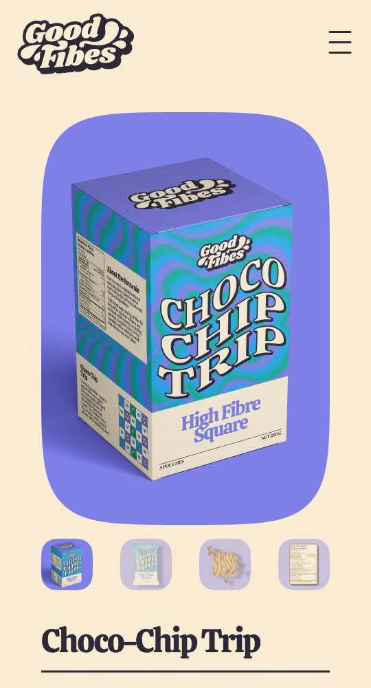 Mobile screenshot of the Good Fibes PDP, featuring their Choco Chip Trip flavour