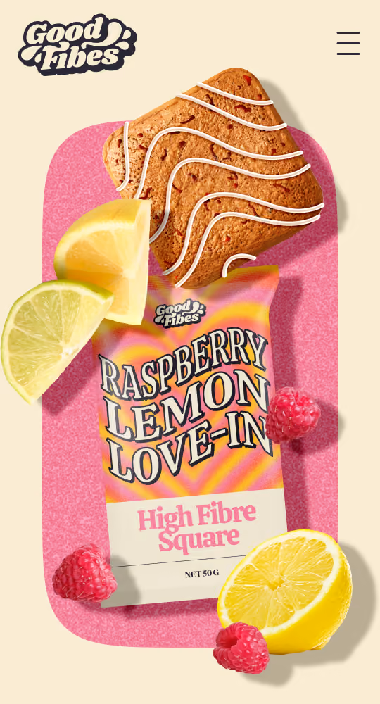 Mobile screenshot of homepage, reading "Good FIbes Only" and featuring a colourful carousel of the various Good Fibes flavours
