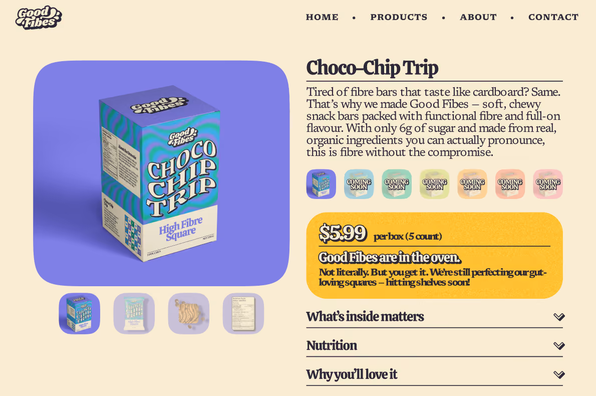 Desktop screenshot of the Good Fibes PDP, featuring their Choco Chip Trip flavour