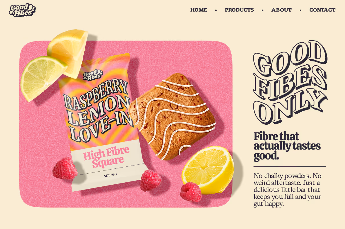 Desktop screenshot of homepage, reading "Good FIbes Only" and featuring a colourful carousel of the various Good Fibes flavours