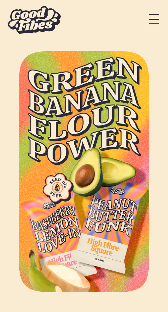 Mobile screenshot of informational hero image reading "Green banana flour power"