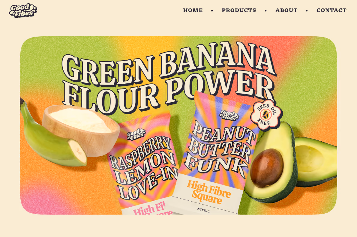 Desktop screenshot of informational hero image reading "Green banana flour power"