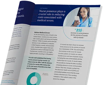 Open white paper showing text on nurse presence reducing medical errors and a 215% increase in nurse presence with Q-rounds.