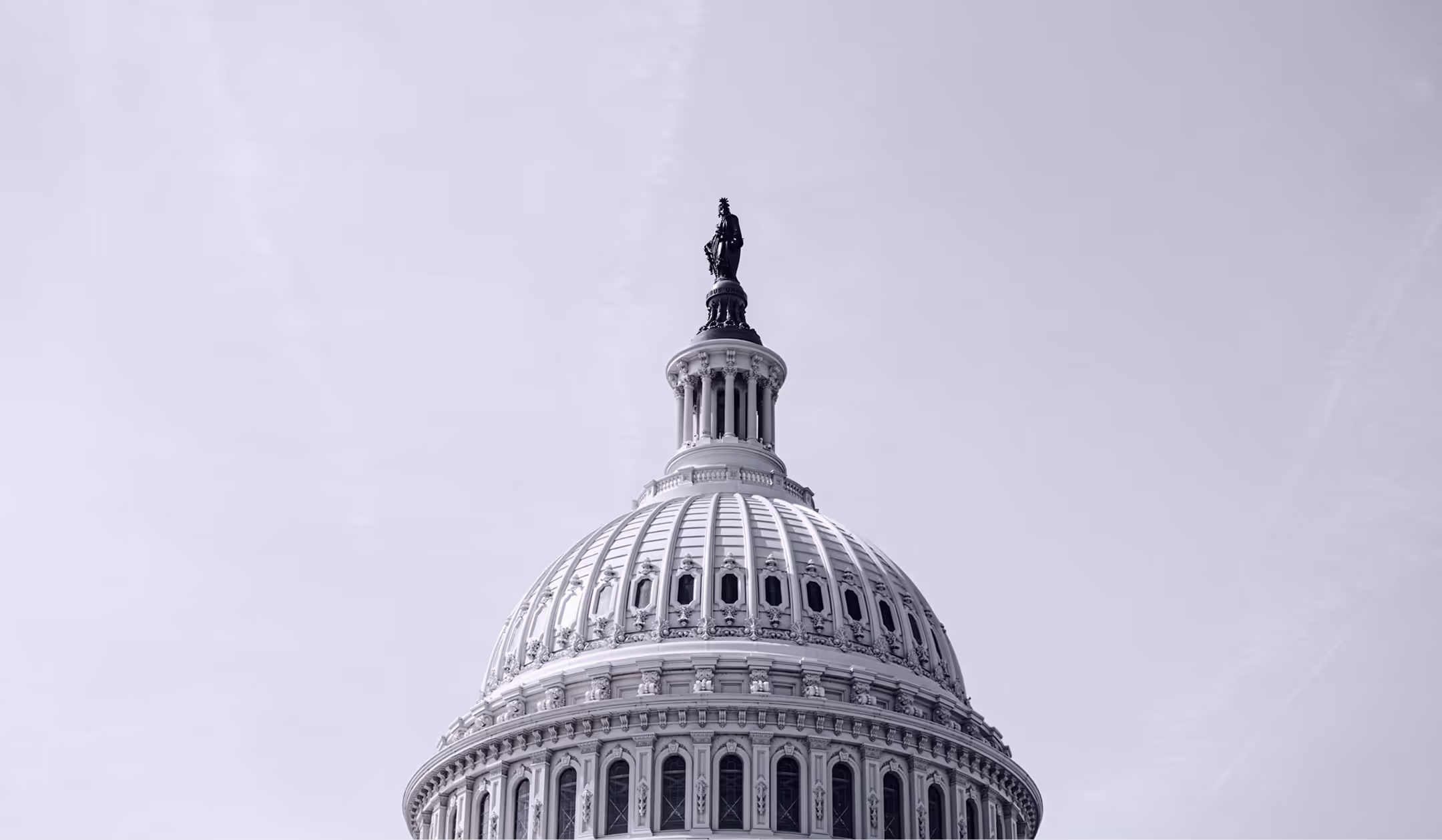 Close-up of the United States Capitol dome with the Statue of Freedom on top against a pale sky.