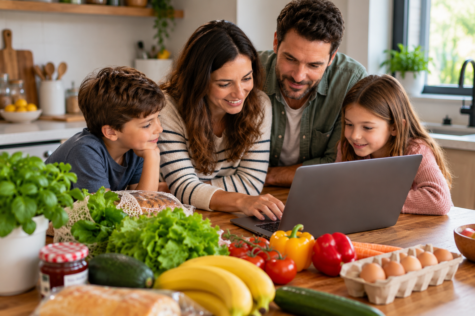 A family of four gathers around a kitchen island filled with fresh groceries to look at a laptop together.