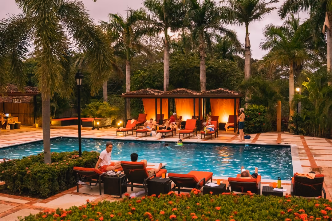 Guests enjoying the saltwater pool at Rythmia
