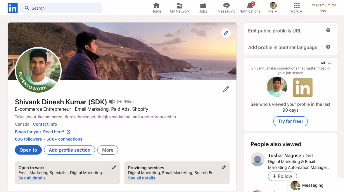 Shivank Dinesh Kumar (SDK)'s LinkedIn Profile Screenshot