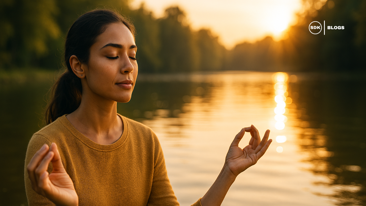A woman meditating peacefully in nature near a mountain lake, practicing mindfulness and presence in a serene environment.