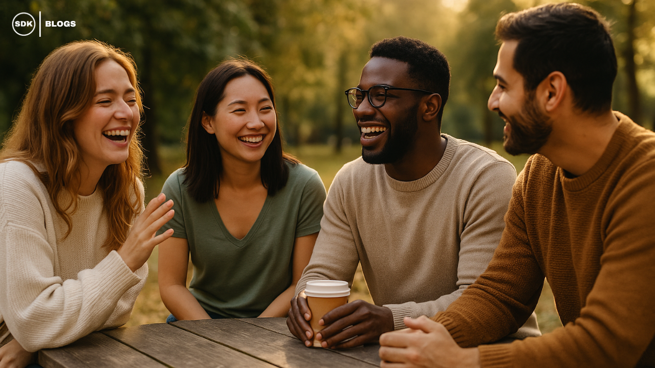 A group of friends laughing and talking outdoors, showcasing strong social bonds and emotional support in a natural setting.