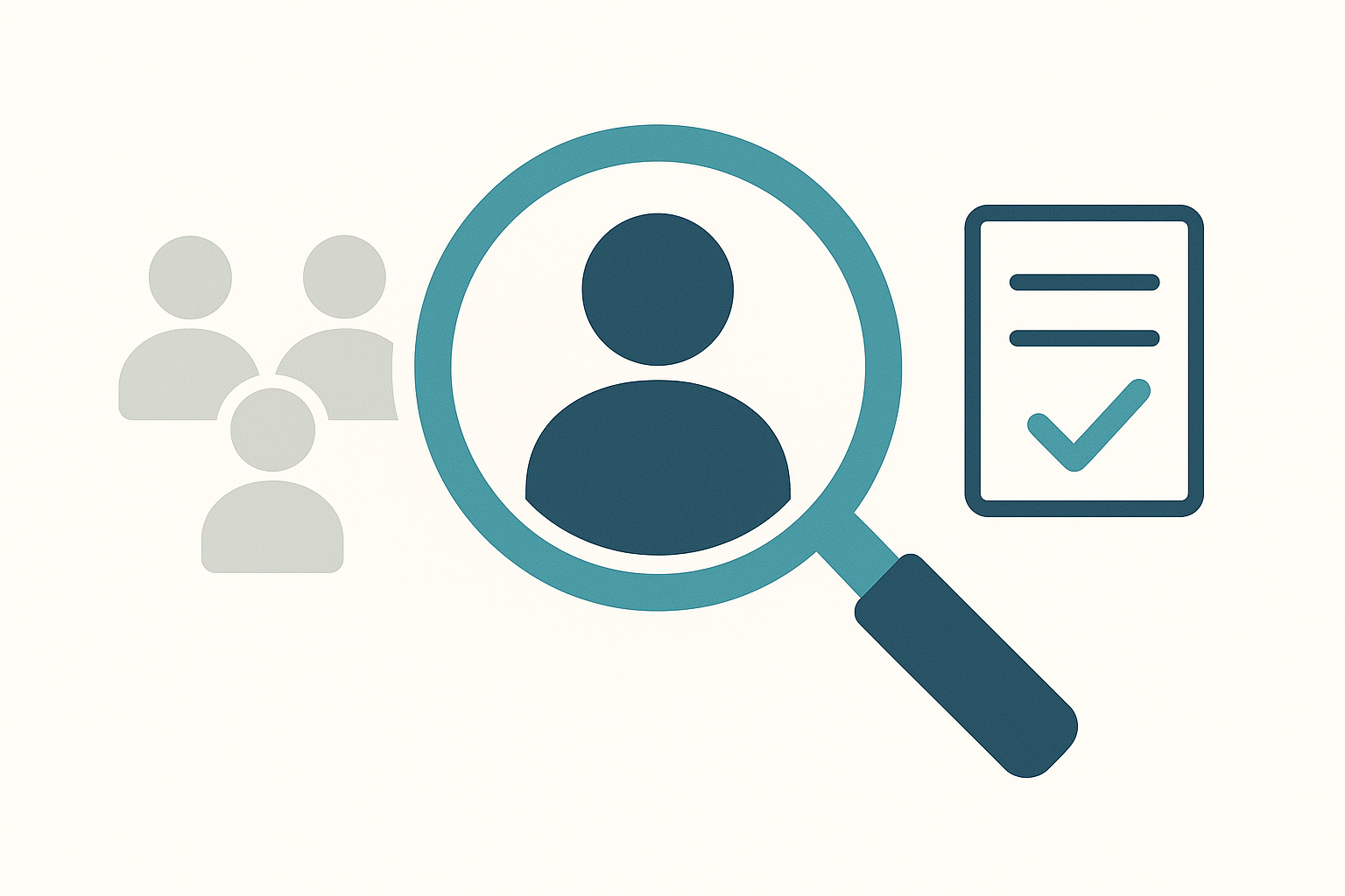 Magnifying glass highlighting a person icon with a group of people and a checklist with a checkmark nearby.