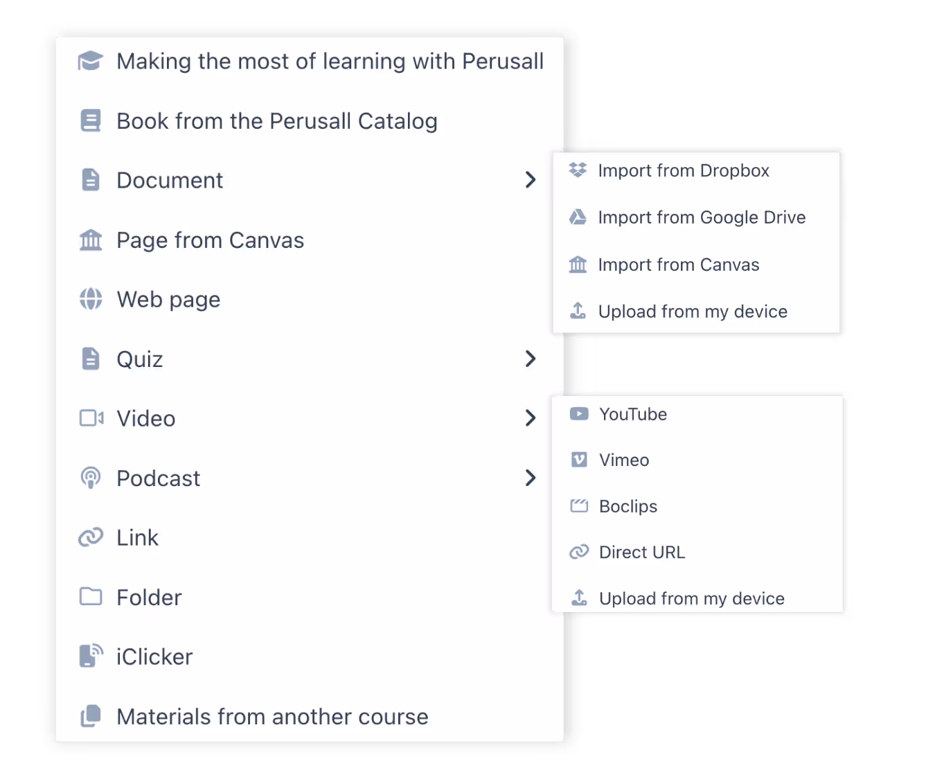 Screenshot of Perusall's content addition interface highlighting versatile educational resources from books to podcasts.
