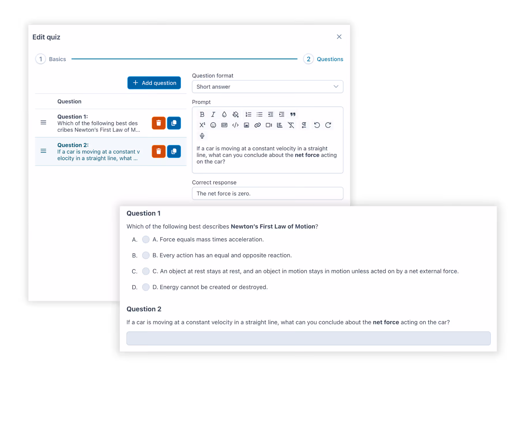 Instructors can create quizzes in their Perusall course adding multiple questions that include Text only, Multiple Choice, Multiple Answer, Numeric Entry, Short Answer, Essay, and Math Expression.
