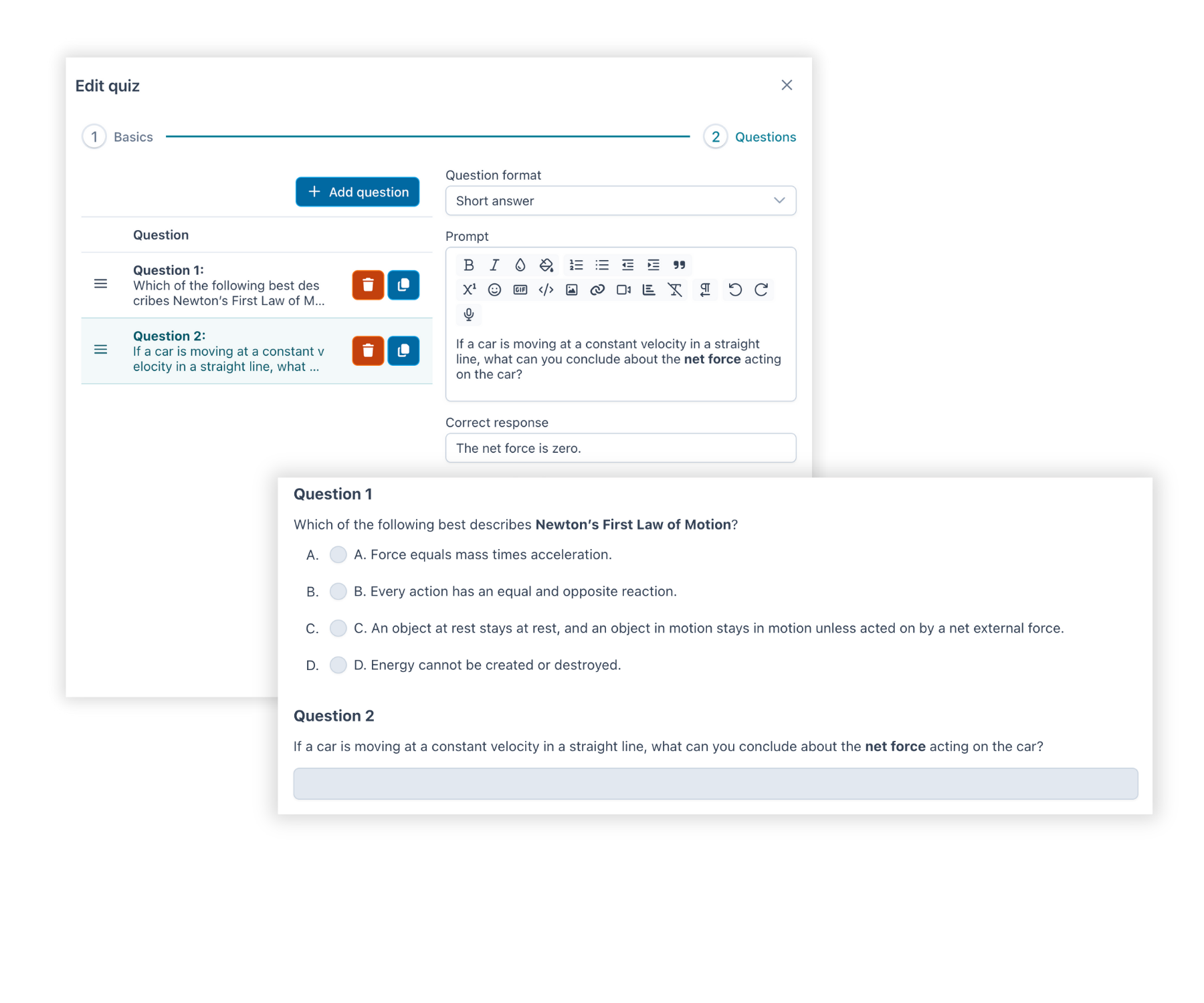 Instructors can create quizzes in their Perusall course adding multiple questions that include Text only, Multiple Choice, Multiple Answer, Numeric Entry, Short Answer, Essay, and Math Expression.