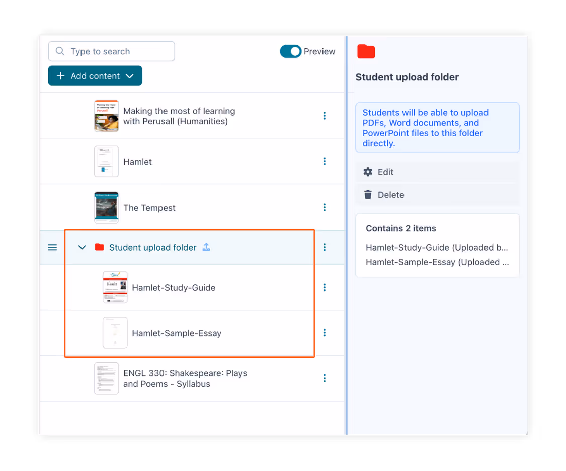 Instructors can create a folder in their Library for students to share material with each other. Once uploaded, students can see material. Create a peer review assignment.