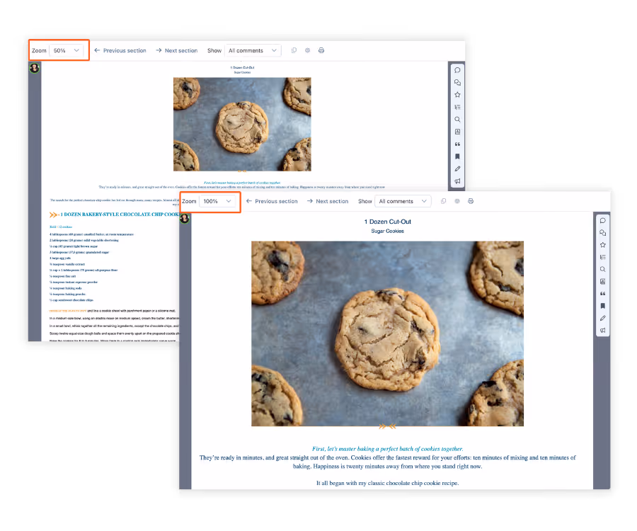 To view text or images larger or smaller, users can resize content by clicking the gear icons in the reader screen.