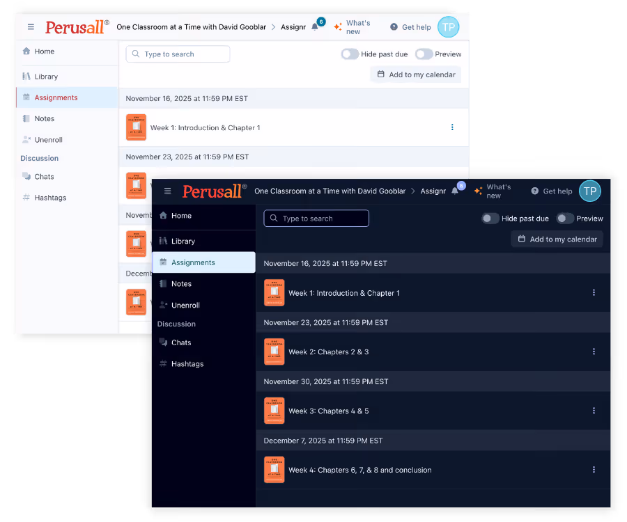 Light to dark mode for easier reading when available in the Perusall platform. Accessibility features can be adjusted in individual profiles.