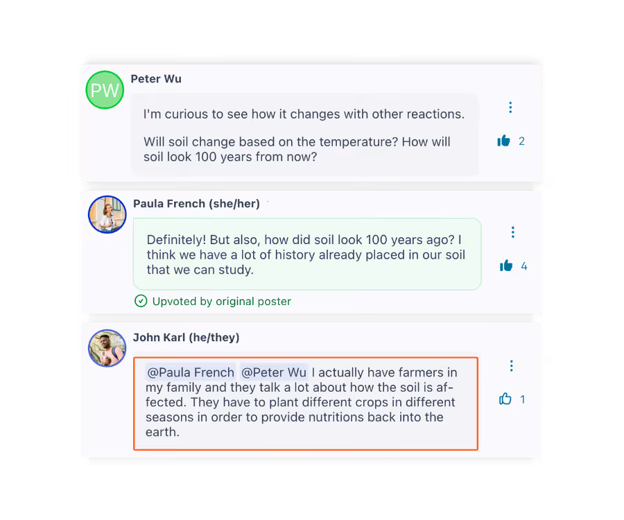 Students can tag each other in comments to respond directly to their peers or to loop them into a conversation. 