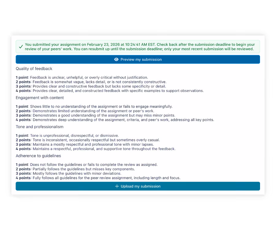 A screenshot of an example rubric from an instructor on a student peer review assignment in Perusall