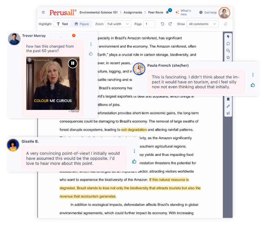 A graphic showing an essay assignment in the Perusall reader with three comments from students on the text.
