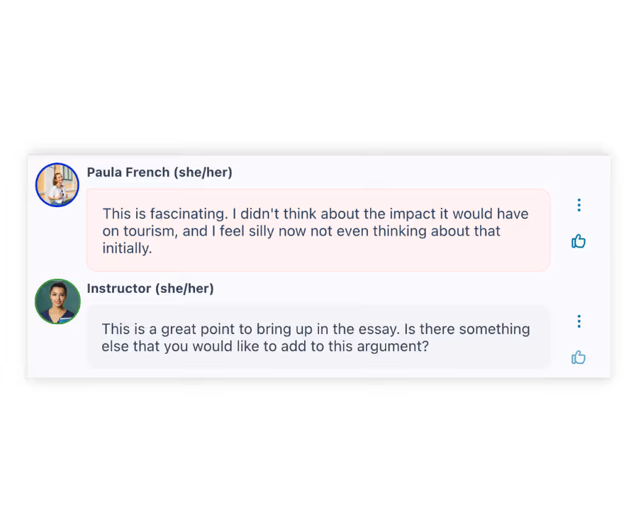 Teacher responds to student in comment section of the Peer Review assignment. Screenshot image of Perusall reader.