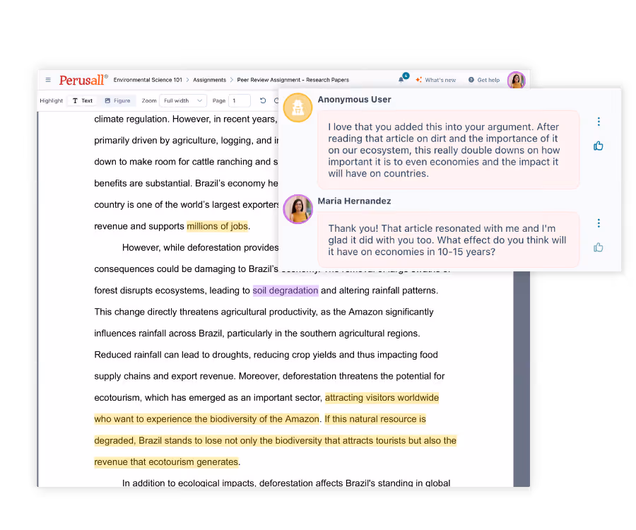 An example student essay in a Perusall peer review assignment that includes two comments from students replying to each other.