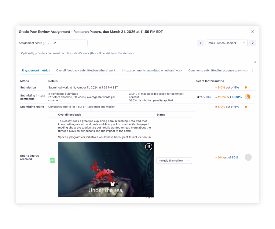 A detailed report in Perusall that shows scores and metrics on student engagement and quality.