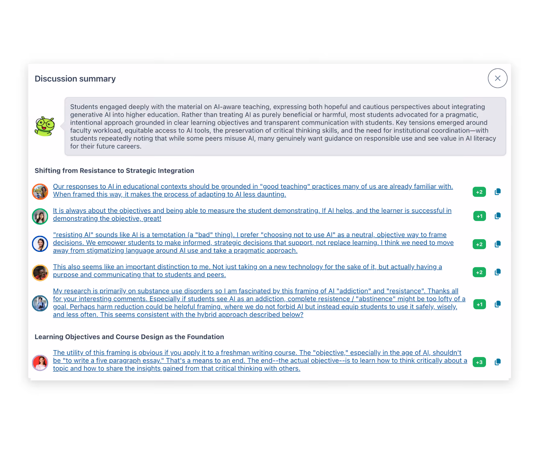 Perusall discussion summary gives a brief overview of overall engagement in an assignment. Various student comments and questions are categorized into themed sections. 