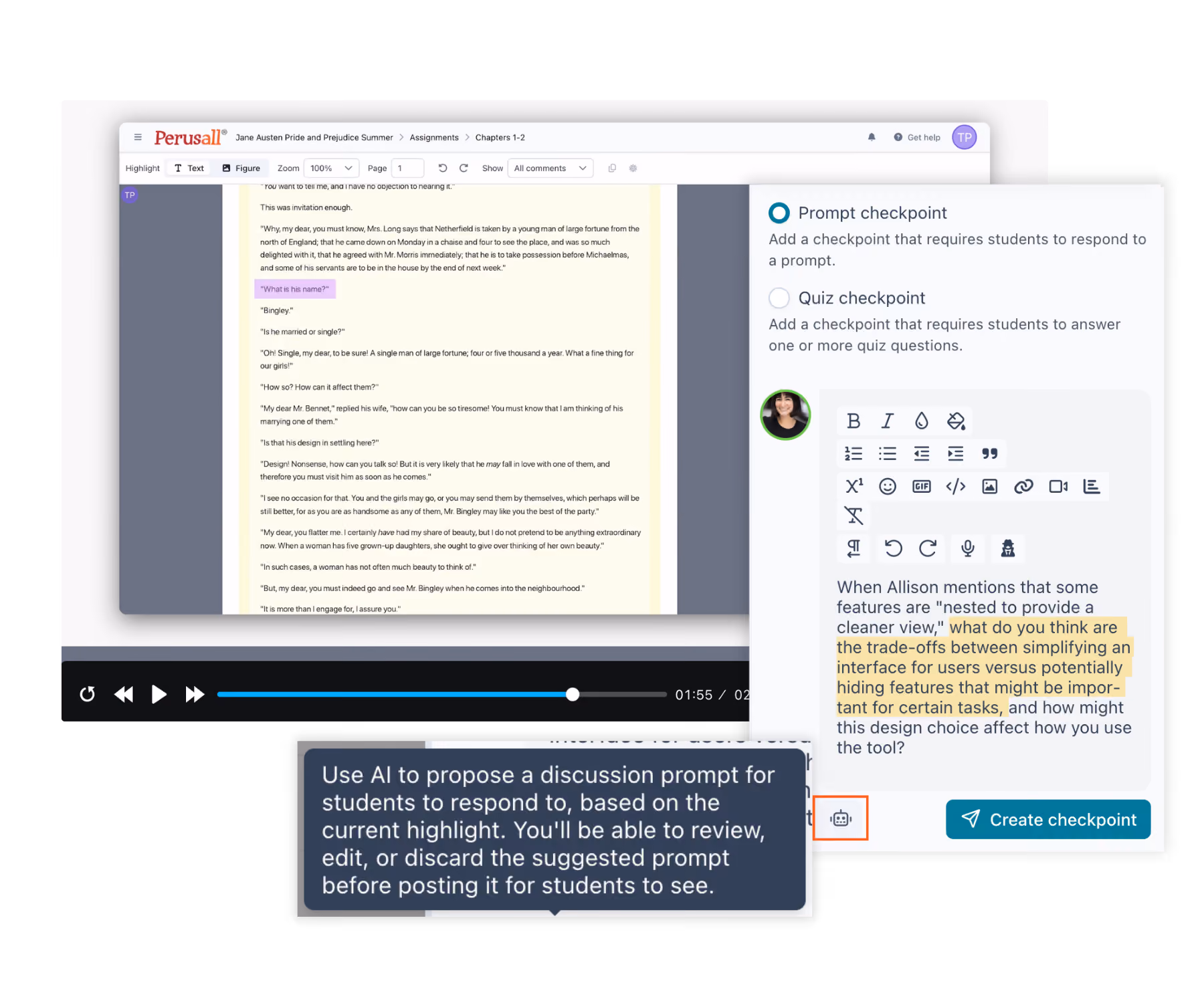 Preview, edit, or discard text that is generated by AI in your course. Instructors are always in control of their courses.