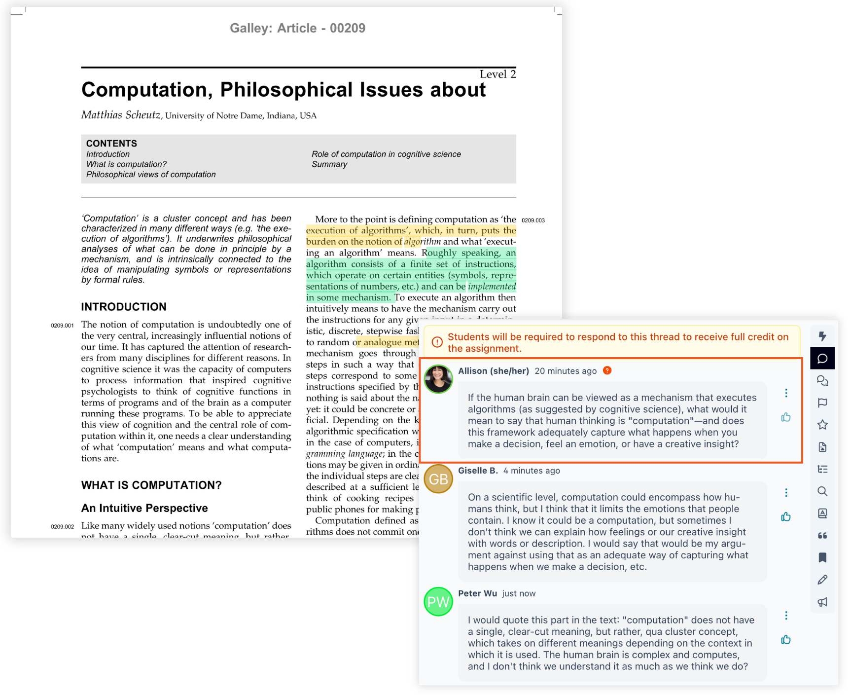 Add prompt checkpoint to Perusall assignment so students respond to a discussion question before moving on in their text assignment.